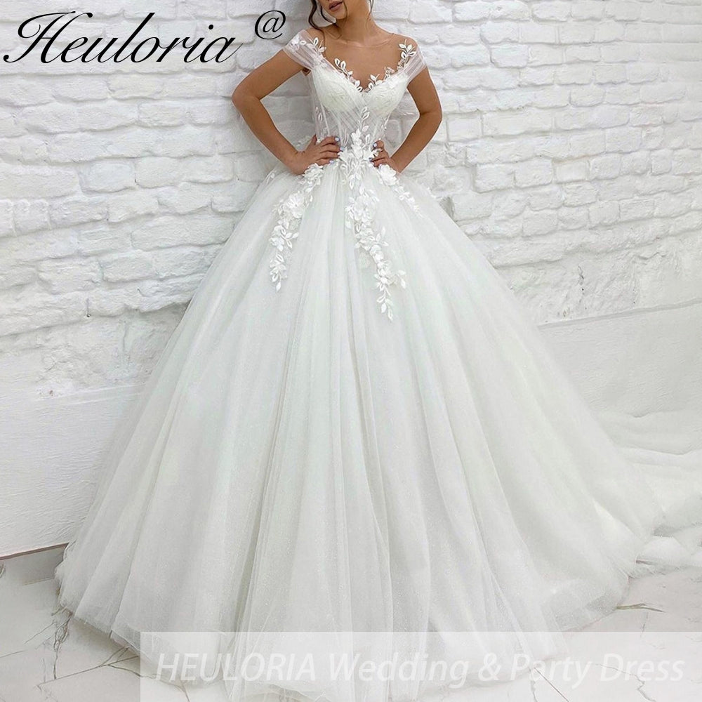 HEULORIA Sparkly Glitter A line Wedding Dress off shoulder 3D flower lace bride dress plus size robe de mariee  A line Wedding Bridal Gown AL-255