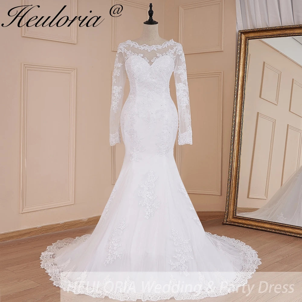 HEULORIA Mermaid Wedding Dresses long Sleeve O neck White Wedding dress lace applique beading Bride Dress Robe de mariage customize ME-581