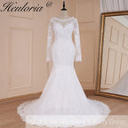 HEULORIA Mermaid Wedding Dresses long Sleeve O neck White Wedding dress lace applique beading Bride Dress Robe de mariage customize ME-581