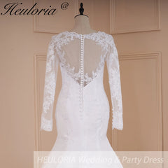 HEULORIA sirène robes de mariée à manches longues col rond blanc Robe de mariée dentelle applique perles Robe de mariée Robe de mariage personnaliser 