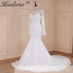 HEULORIA sirène robes de mariée à manches longues col rond blanc Robe de mariée dentelle applique perles Robe de mariée Robe de mariage personnaliser 
