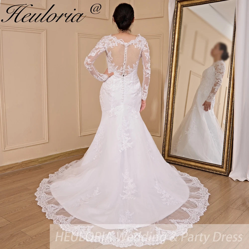 HEULORIA Mermaid Wedding Dresses long Sleeve O neck lace applique beading Bride Dress Robe de mariage customize ME-703