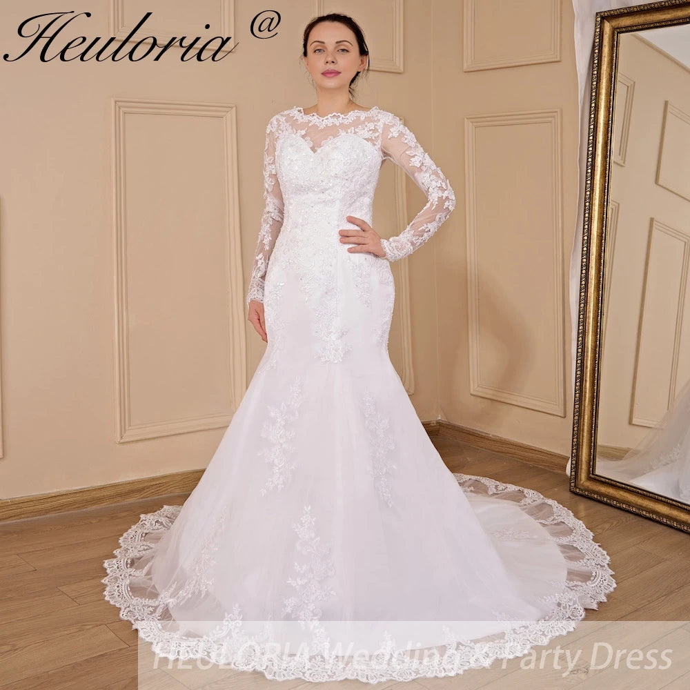 HEULORIA Mermaid Wedding Dresses long Sleeve O neck lace applique beading Bride Dress Robe de mariage customize ME-703