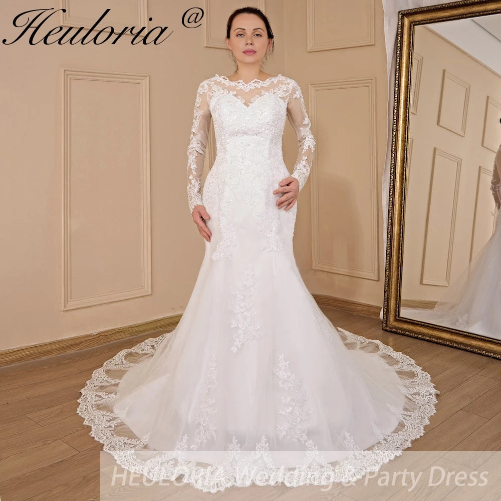 HEULORIA Mermaid Wedding Dresses long Sleeve O neck lace applique beading Bride Dress Robe de mariage customize ME-703