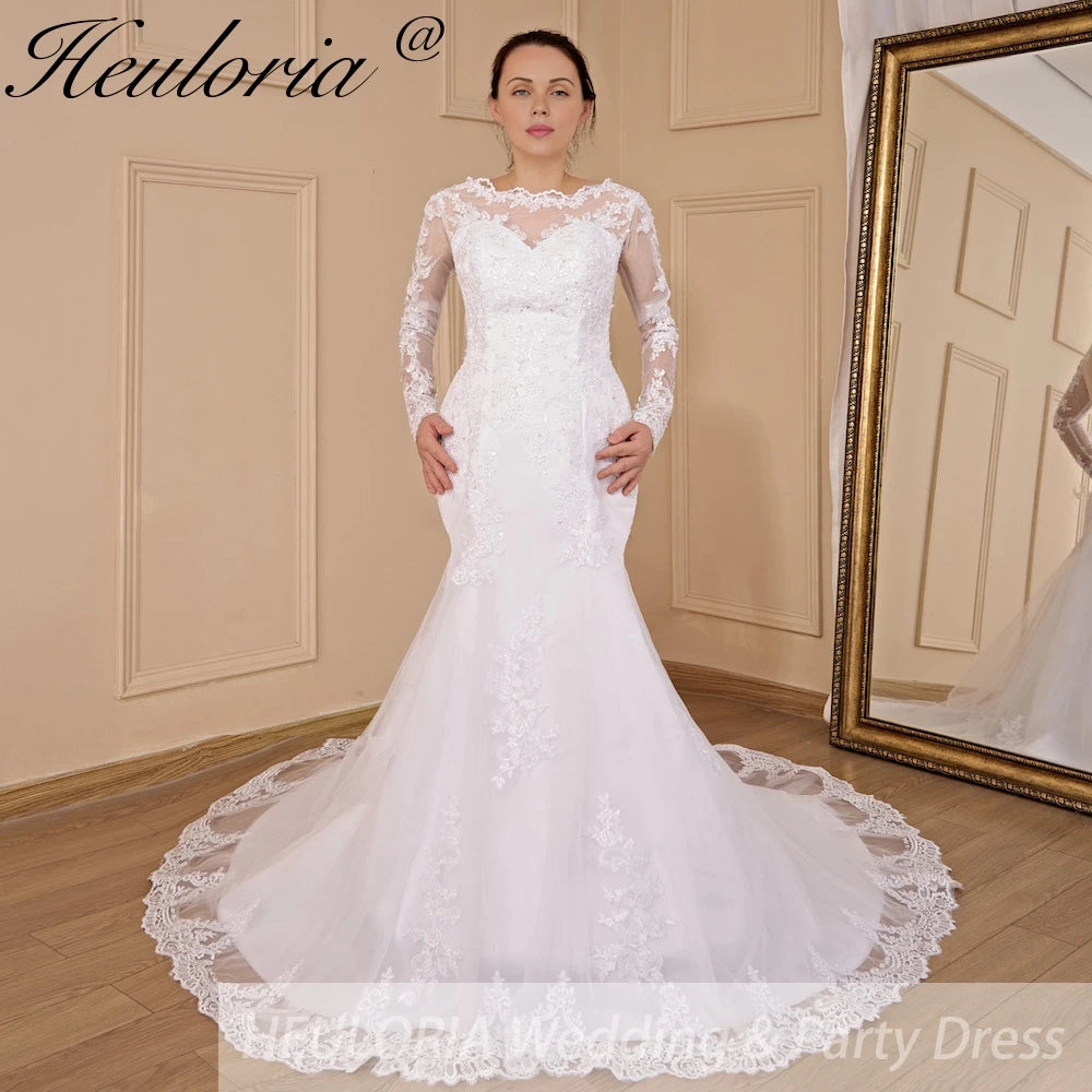 HEULORIA Mermaid Wedding Dresses long Sleeve O neck lace applique beading Bride Dress Robe de mariage customize ME-703