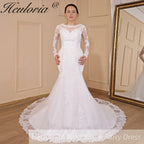 HEULORIA Mermaid Wedding Dresses long Sleeve O neck lace applique beading Bride Dress Robe de mariage customize ME-703