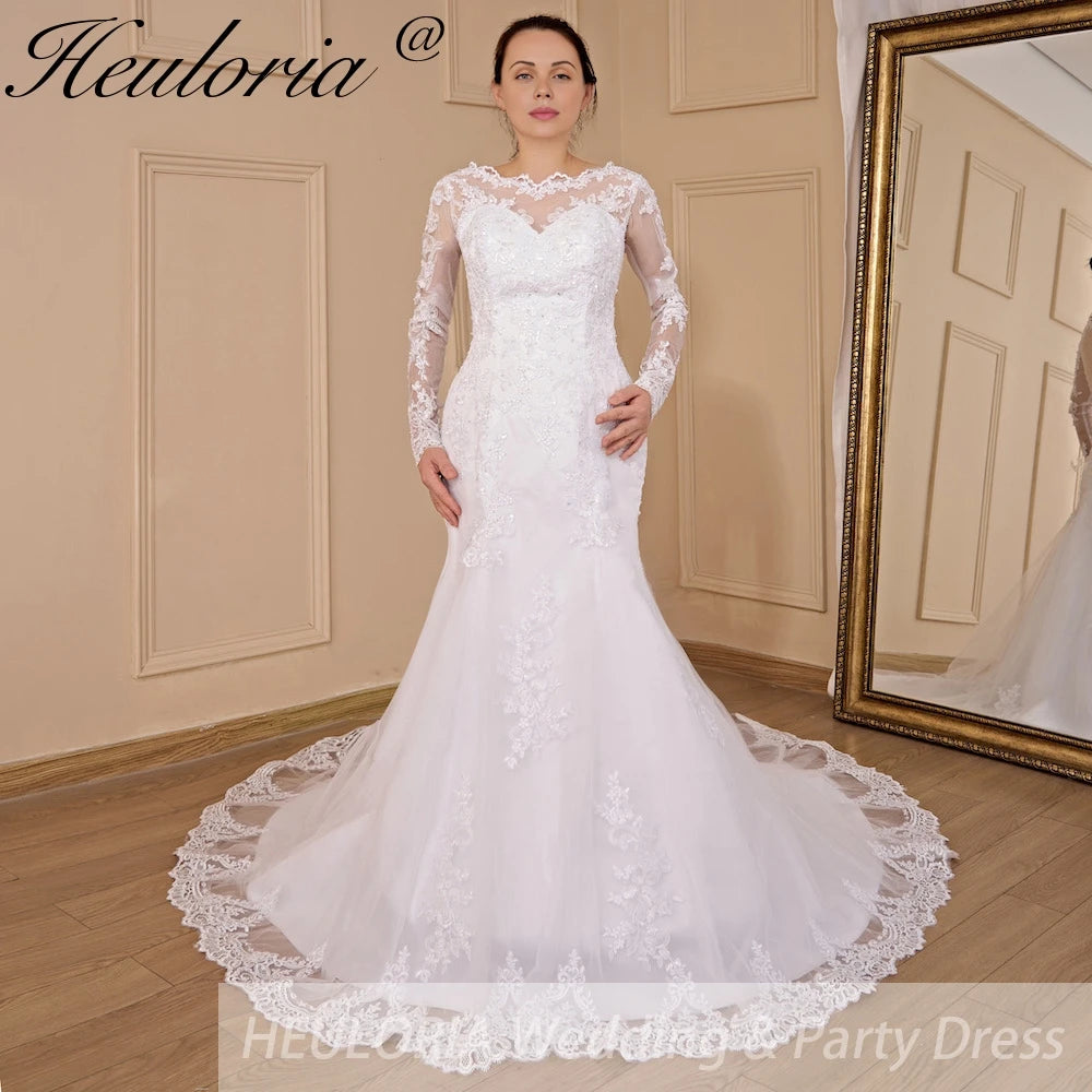 HEULORIA Mermaid Wedding Dresses long Sleeve O neck lace applique beading Bride Dress Robe de mariage customize ME-703 Immagine principale del prodotto