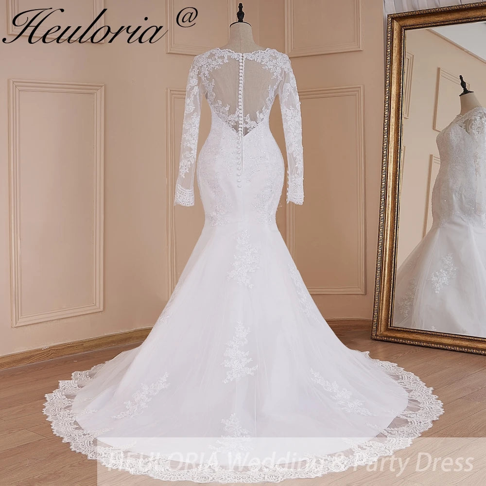 HEULORIA Mermaid Wedding Dresses long Sleeve O neck White Wedding dress lace applique beading Bride Dress Robe de mariage customize ME-581
