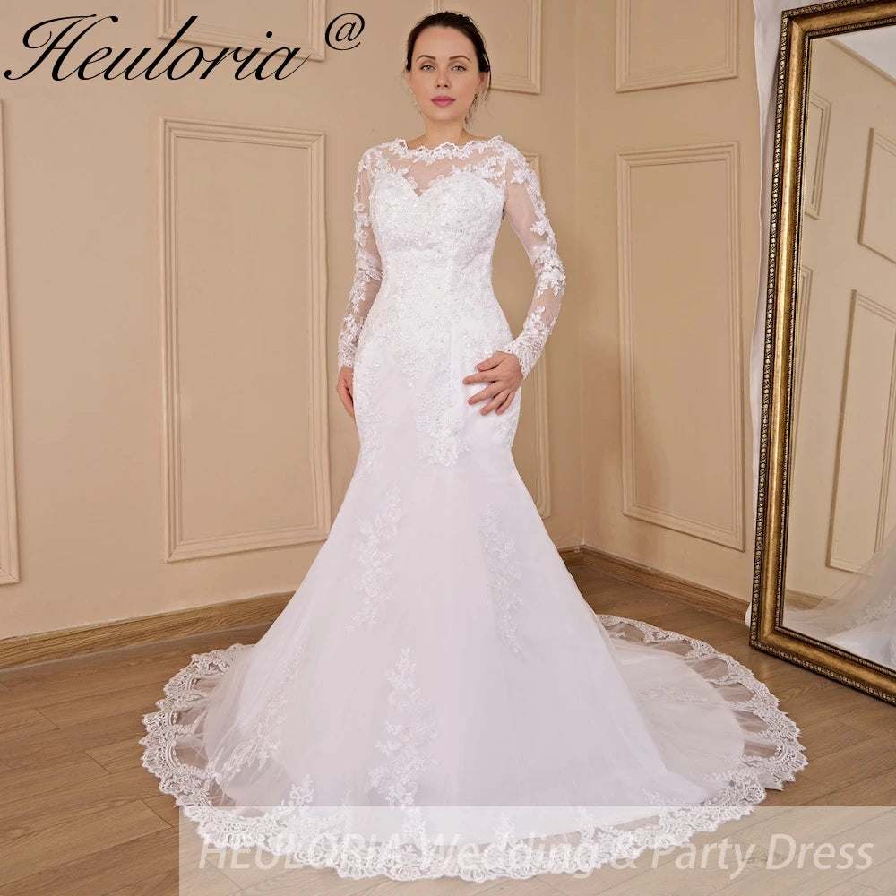 HEULORIA Mermaid Wedding Dresses long Sleeve O neck lace applique beading Bride Dress Robe de mariage customize ME-703