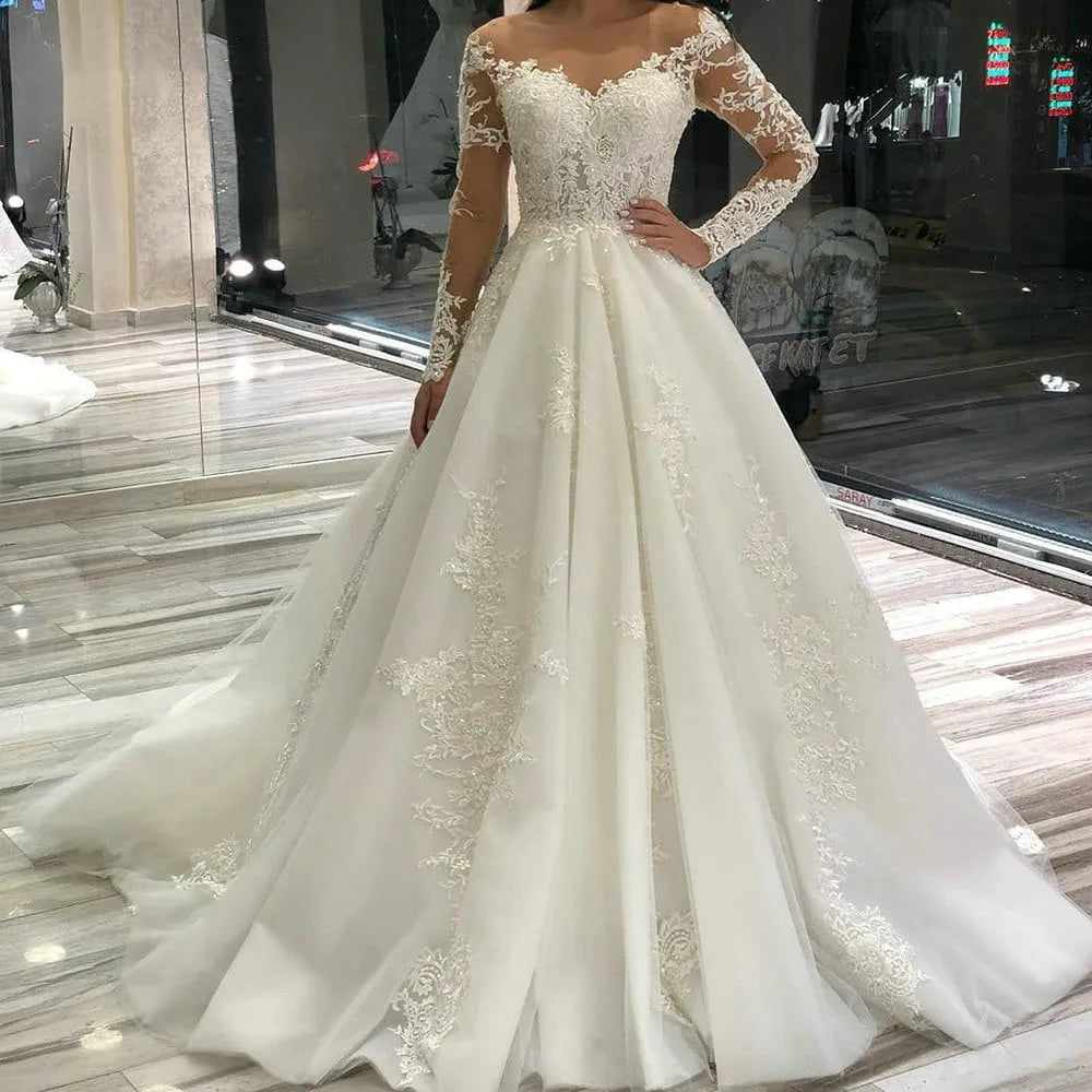 Heuloria Elegant Illusion Long Sleeve Ball Gown Wedding Dress with Lace Appliqués & Corset Back BA-186