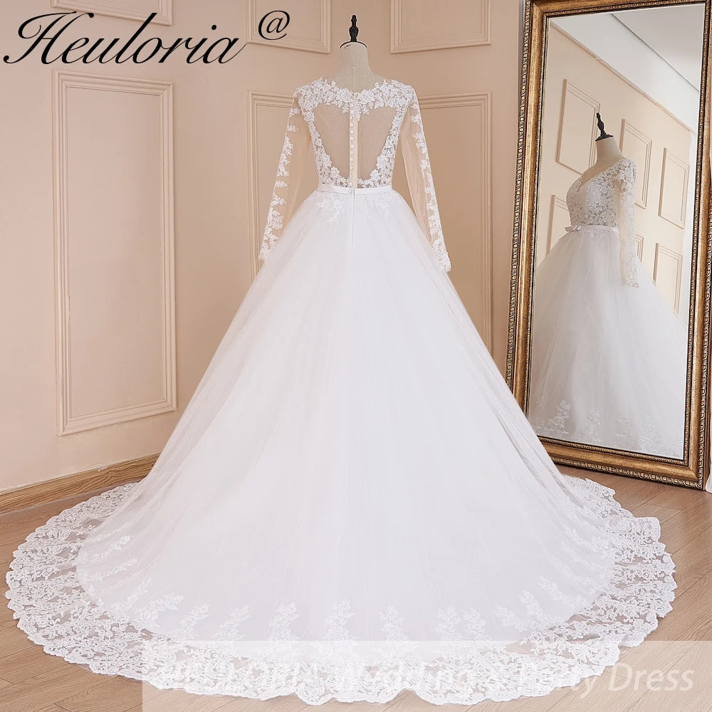 HEULORIA Princess Ball Gown Wedding Dress long sleeve bride dress V neck plus size robe de mariee Lace beading Wedding Bridal Gown BA-588