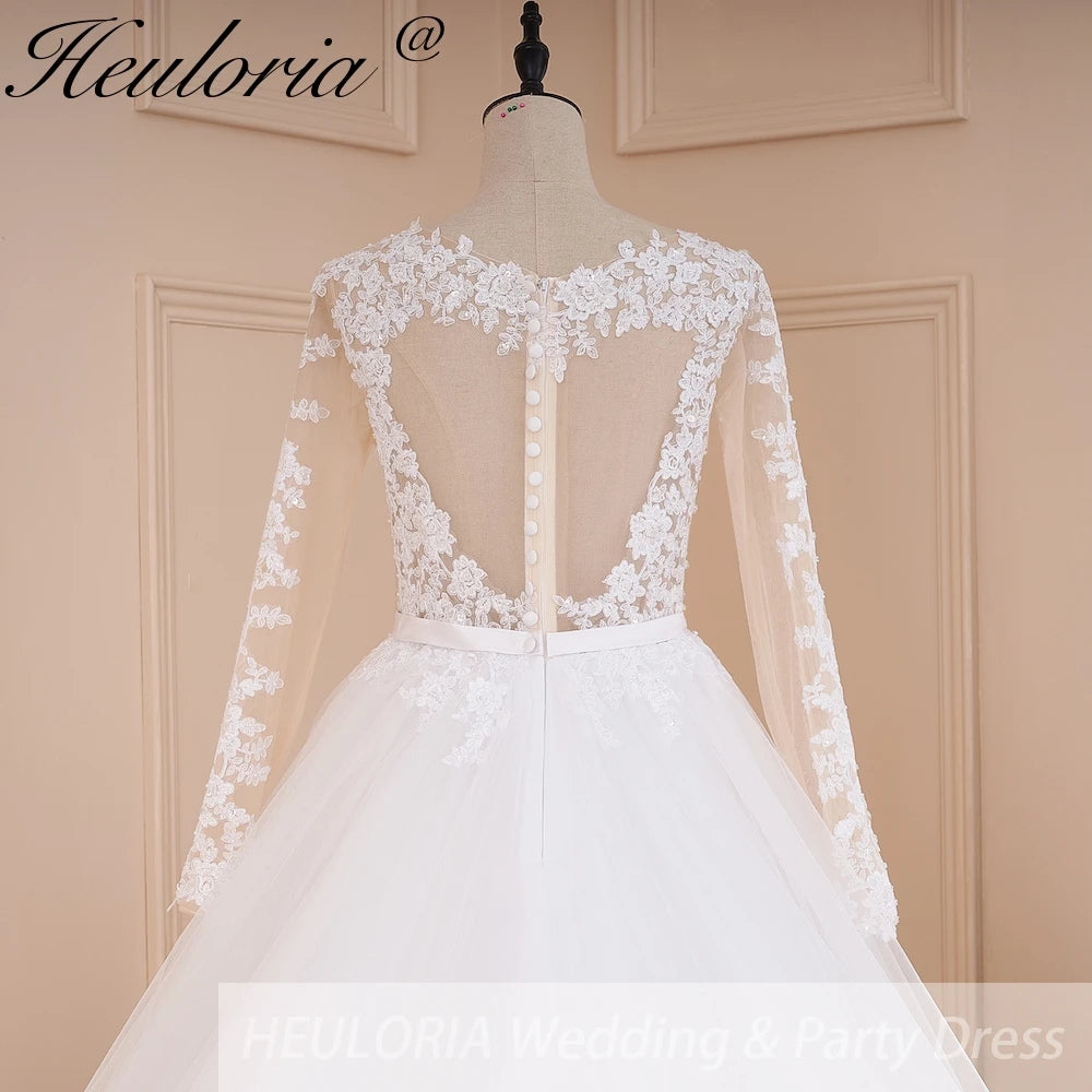 HEULORIA Princess Ball Gown Wedding Dress long sleeve bride dress V neck plus size robe de mariee Lace beading Wedding Bridal Gown BA-588