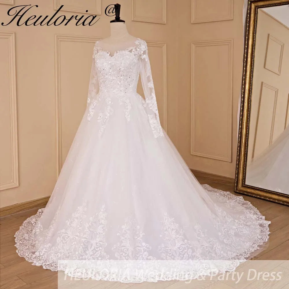 HEULORIA Princess Wedding Dress long sleeve bride dress V neck plus size robe de mariee Lace beading Wedding Bridal Gown BA-684
