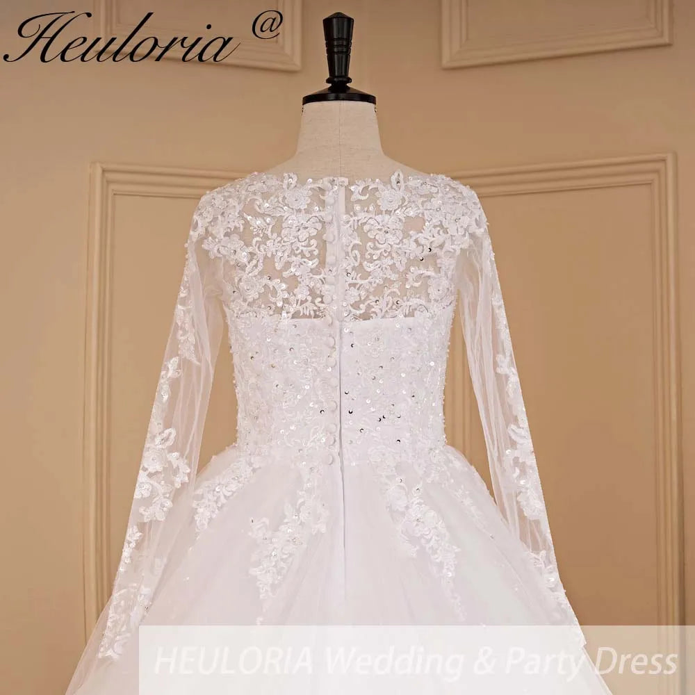 HEULORIA Princess Wedding Dress long sleeve bride dress V neck plus size robe de mariee Lace beading Wedding Bridal Gown BA-684