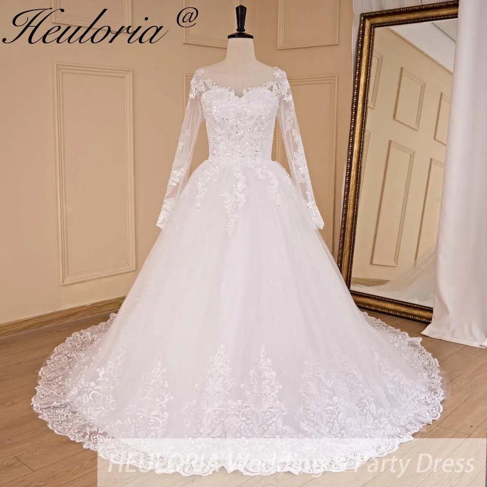 HEULORIA Princess Wedding Dress long sleeve bride dress V neck plus size robe de mariee Lace beading Wedding Bridal Gown BA-684