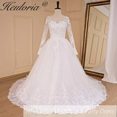 HEULORIA Princess Wedding Dress long sleeve bride dress V neck plus size robe de mariee Lace beading Wedding Bridal Gown BA-684