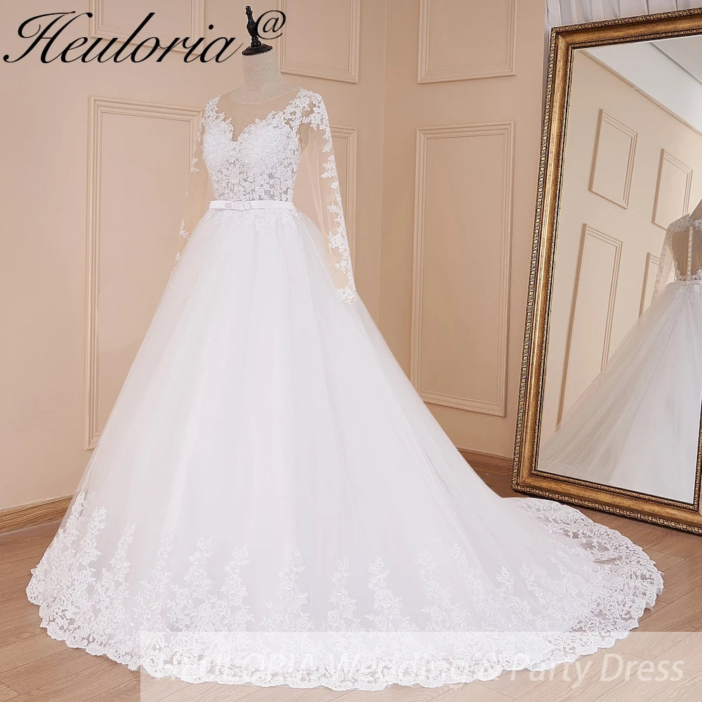 HEULORIA Princess Ball Gown Wedding Dress long sleeve bride dress V neck plus size robe de mariee Lace beading Wedding Bridal Gown BA-588