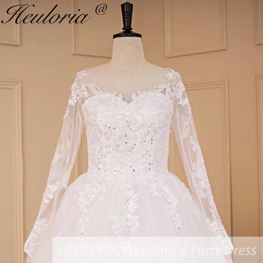 HEULORIA Princess Wedding Dress long sleeve bride dress V neck plus size robe de mariee Lace beading Wedding Bridal Gown BA-684