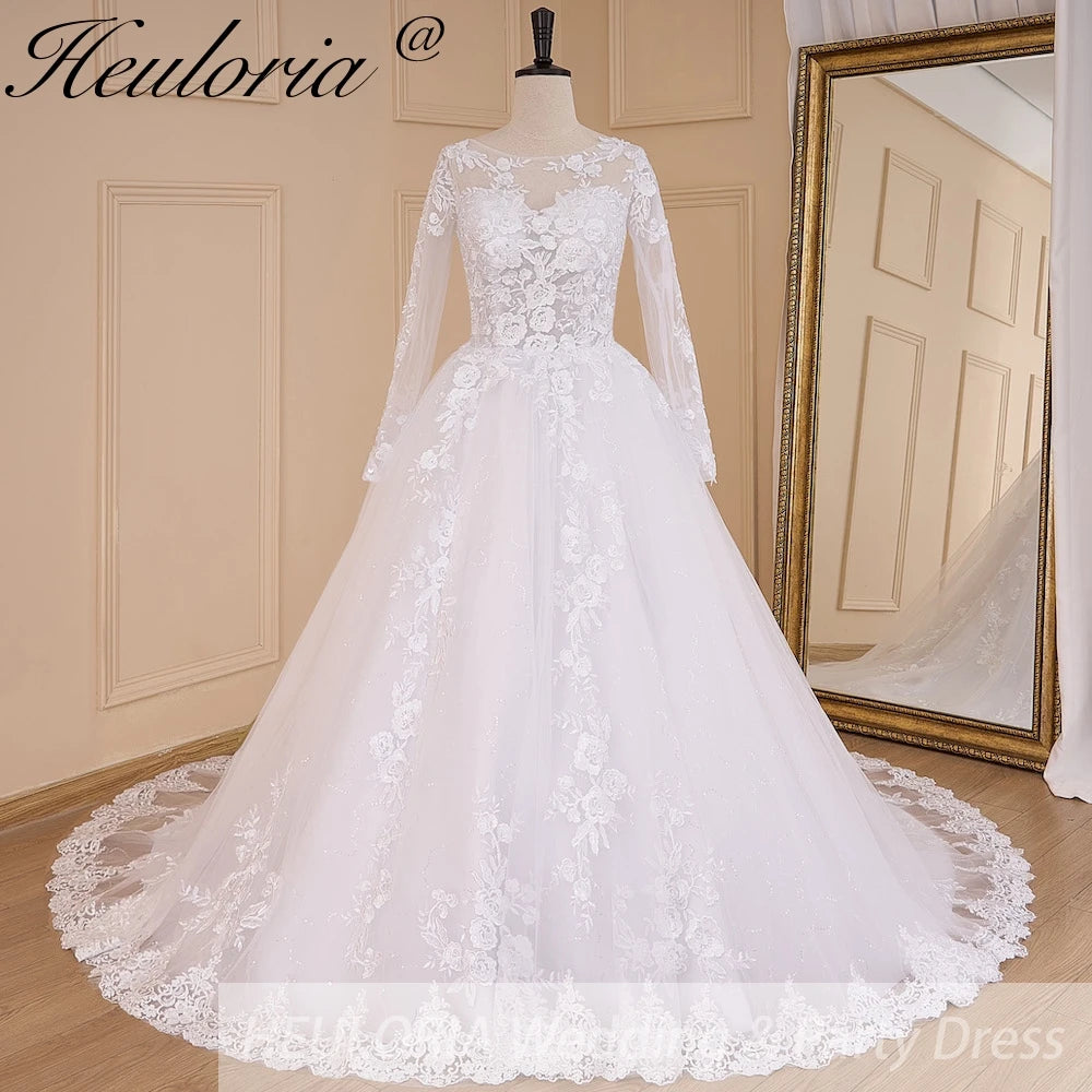 HEULORIA Princess Ball Gown Wedding Dress long sleeve bride dress o neck plus size robe de mariee Lace beading Wedding Bridal Gown BA-644