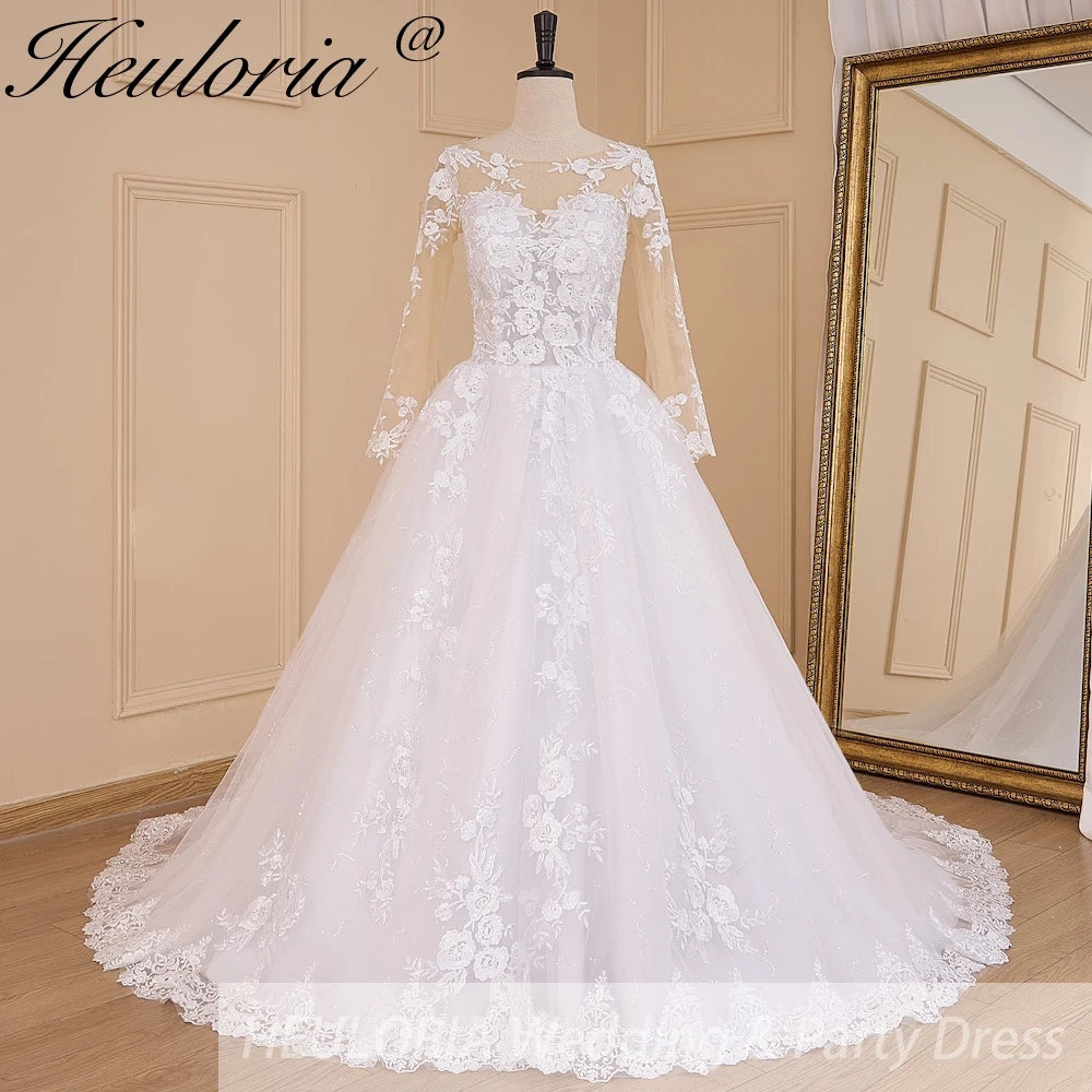 HEULORIA Princess Ball Gown Wedding Dress long sleeve bride dress o neck plus size robe de mariee Lace beading Wedding Bridal Gown BA-638