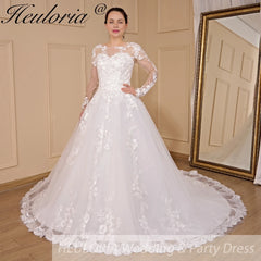 HEULORIA Princess Wedding Dress long sleeve bride dress o neck plus size robe de mariee Lace beading Wedding Bridal Gown