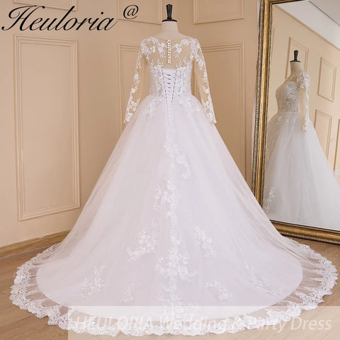 HEULORIA Princess Ball Gown Wedding Dress long sleeve bride dress o neck plus size robe de mariee Lace beading Wedding Bridal Gown