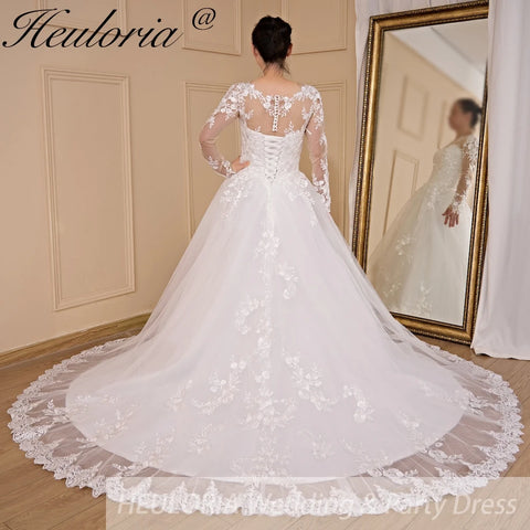 HEULORIA Princess Wedding Dress long sleeve bride dress o neck plus size robe de mariee Lace beading Wedding Bridal Gown