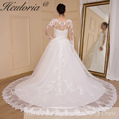 HEULORIA Princess Wedding Dress long sleeve bride dress o neck plus size robe de mariee Lace beading Wedding Bridal Gown