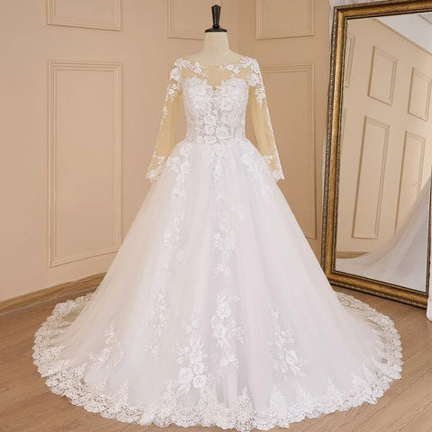 HEULORIA Princess Ball Gown Wedding Dress long sleeve bride dress o neck plus size robe de mariee Lace beading Wedding Bridal Gown