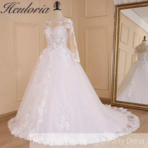 HEULORIA Princess Ball Gown Wedding Dress long sleeve bride dress o neck plus size robe de mariee Lace beading Wedding Bridal Gown