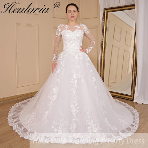 HEULORIA Princess Wedding Dress long sleeve bride dress o neck plus size robe de mariee Lace beading Wedding Bridal Gown