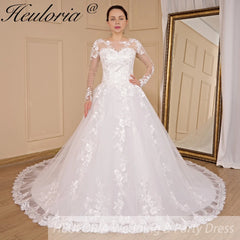 HEULORIA Princess Wedding Dress long sleeve bride dress o neck plus size robe de mariee Lace beading Wedding Bridal Gown