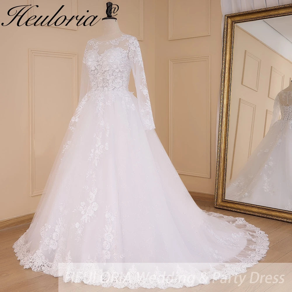 HEULORIA Princess Ball Gown Wedding Dress long sleeve bride dress o neck plus size robe de mariee Lace beading Wedding Bridal Gown BA-644