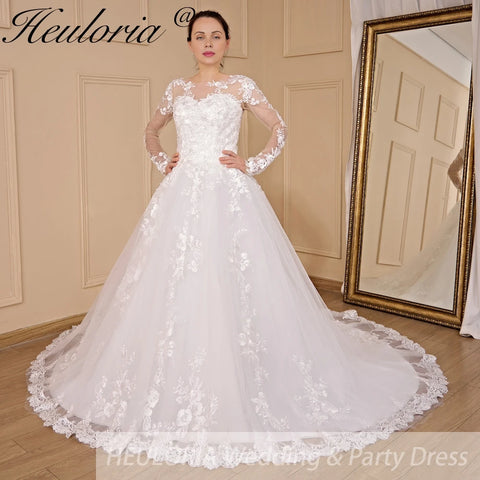 HEULORIA Princess Wedding Dress long sleeve bride dress o neck plus size robe de mariee Lace beading Wedding Bridal Gown