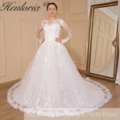 HEULORIA Princess Wedding Dress long sleeve bride dress o neck plus size robe de mariee Lace beading Wedding Bridal Gown