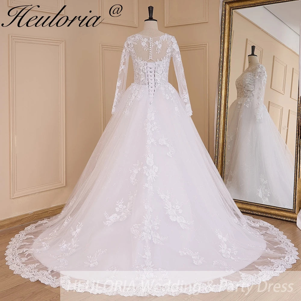 HEULORIA Princess Ball Gown Wedding Dress long sleeve bride dress o neck plus size robe de mariee Lace beading Wedding Bridal Gown BA-644