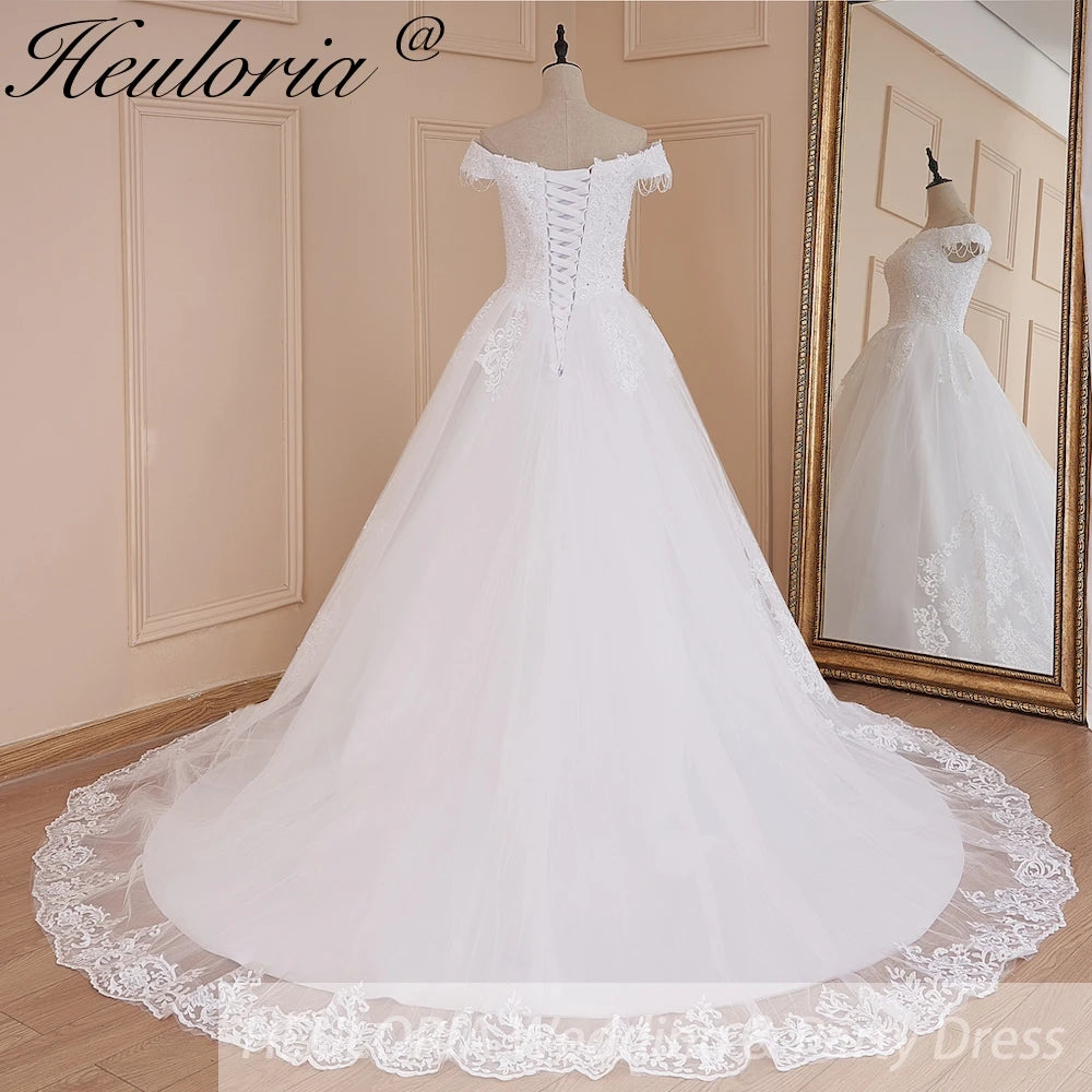 HEULORIA Princess Ball Gown Wedding Dress off shoulder bride dress lace up plus size robe de mariee Lace beading Wedding Bridal Gown BA-573