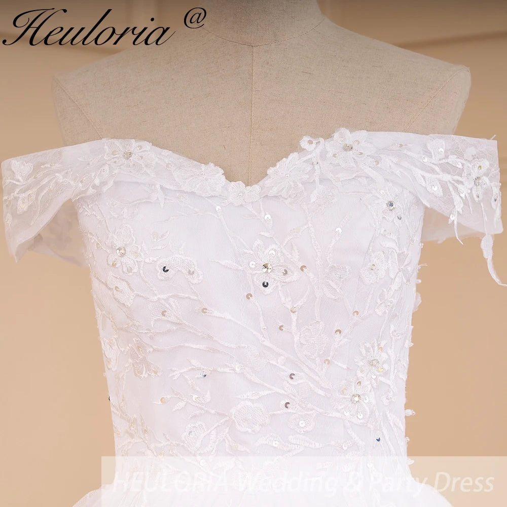 Heuloria Princess Ball Gown Wedding Dress off shoulder bride dress lace up plus size robe de mariee Lace beading Wedding Bridal Gown BA-600