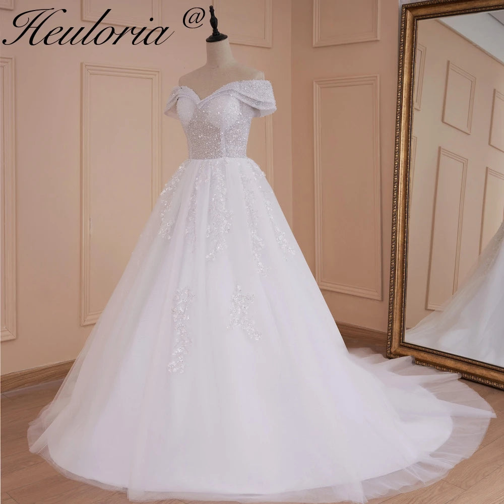 HEULORIA Princess Ball Gown Wedding Dress off shoulder bride dress plus size robe de mariee Lace beading Wedding Bridal Gown AL-527