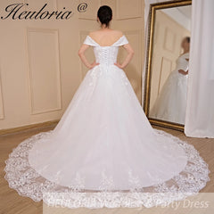 HEULORIA Ball-Gown/Princess Off the Shoulder Court Train Tulle Lace Wedding Dress With Sequins Beading