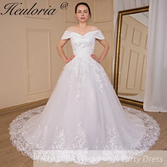 HEULORIA Ball-Gown/Princess Off the Shoulder Court Train Tulle Lace Wedding Dress With Sequins Beading