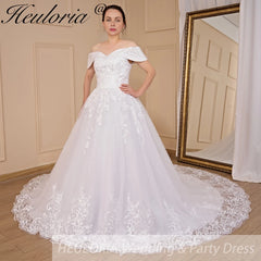 HEULORIA Ball-Gown/Princess Off the Shoulder Court Train Tulle Lace Wedding Dress With Sequins Beading