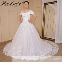 HEULORIA Ball-Gown/Princess Off the Shoulder Court Train Tulle Lace Wedding Dress With Sequins Beading