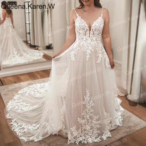 Queena.Karen.W Elegant A line Wedding Dress V Neck lace applique bride dress robe de mariee A line Wedding Bridal Gown