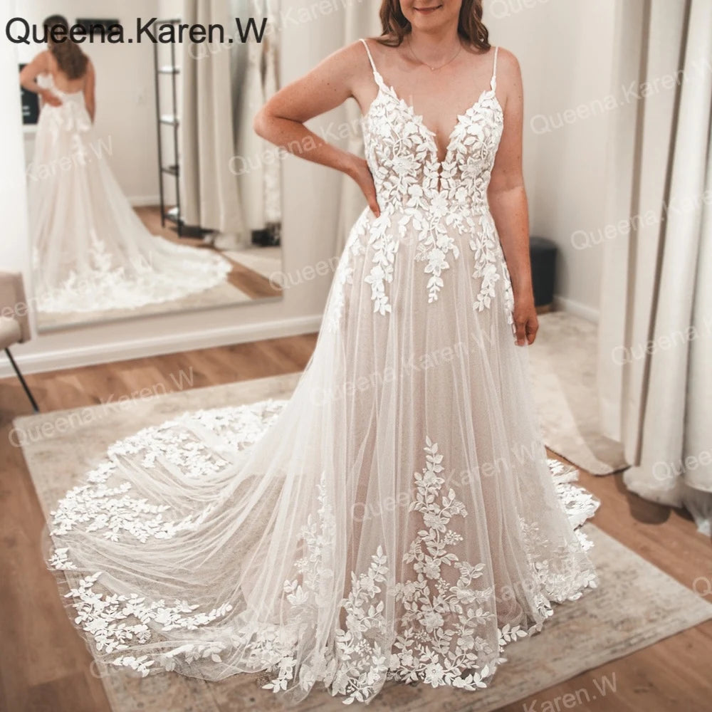 Queena.Karen.W Elegant A line Wedding Dress V Neck lace applique bride dress robe de mariee A line Wedding Bridal Gown AL-QK134 Main image