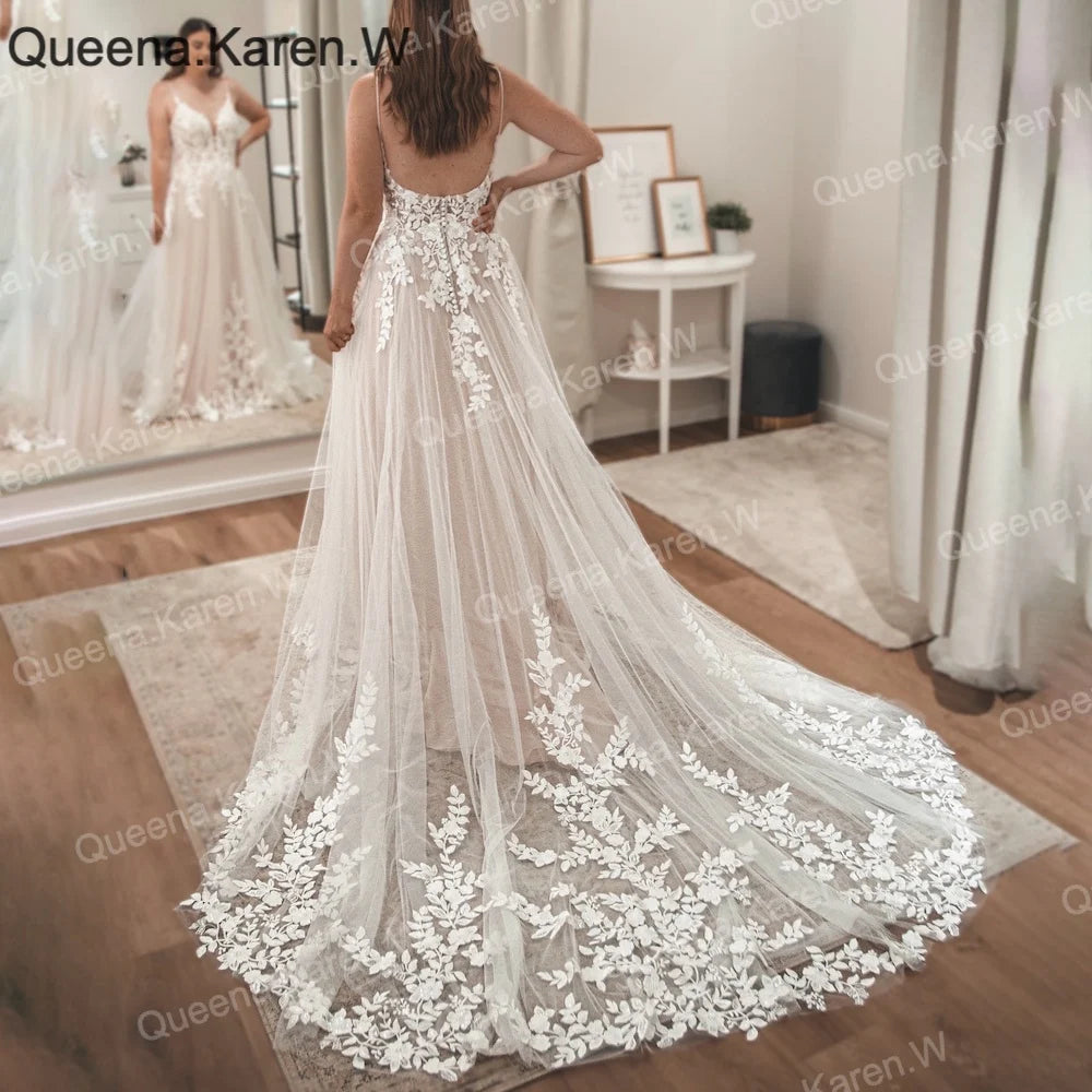Queena.Karen.W Elegant A line Wedding Dress V Neck lace applique bride dress robe de mariee A line Wedding Bridal Gown AL-QK134