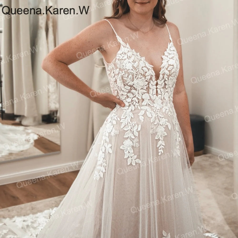 Queena.Karen.W Elegant A line Wedding Dress V Neck lace applique bride dress robe de mariee A line Wedding Bridal Gown AL-QK134