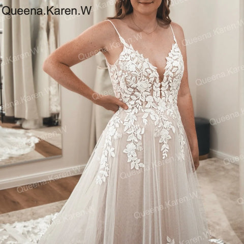 Queena.Karen.W Elegant A line Wedding Dress V Neck lace applique bride dress robe de mariee A line Wedding Bridal Gown