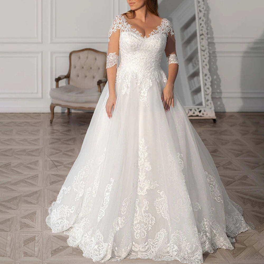 Queena.Karen.W Elegant A line Wedding Dress long sleeve V Neck lace bride dress robe de mariee A line Wedding Bridal Gown AL-QK13 Main image