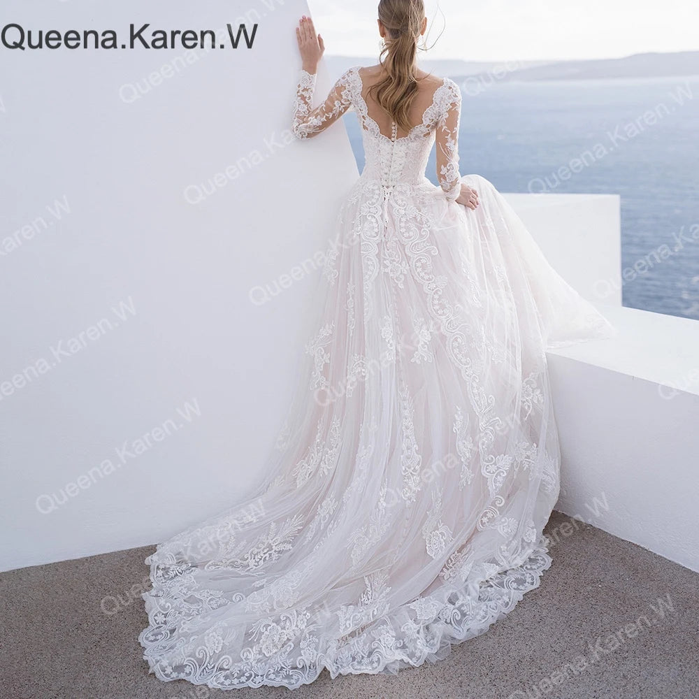 Queena.Karen.W Elegant A line Wedding Dress long sleeve V Neck lace bride dress robe de mariee A line Wedding Bridal Gown AL-QK9